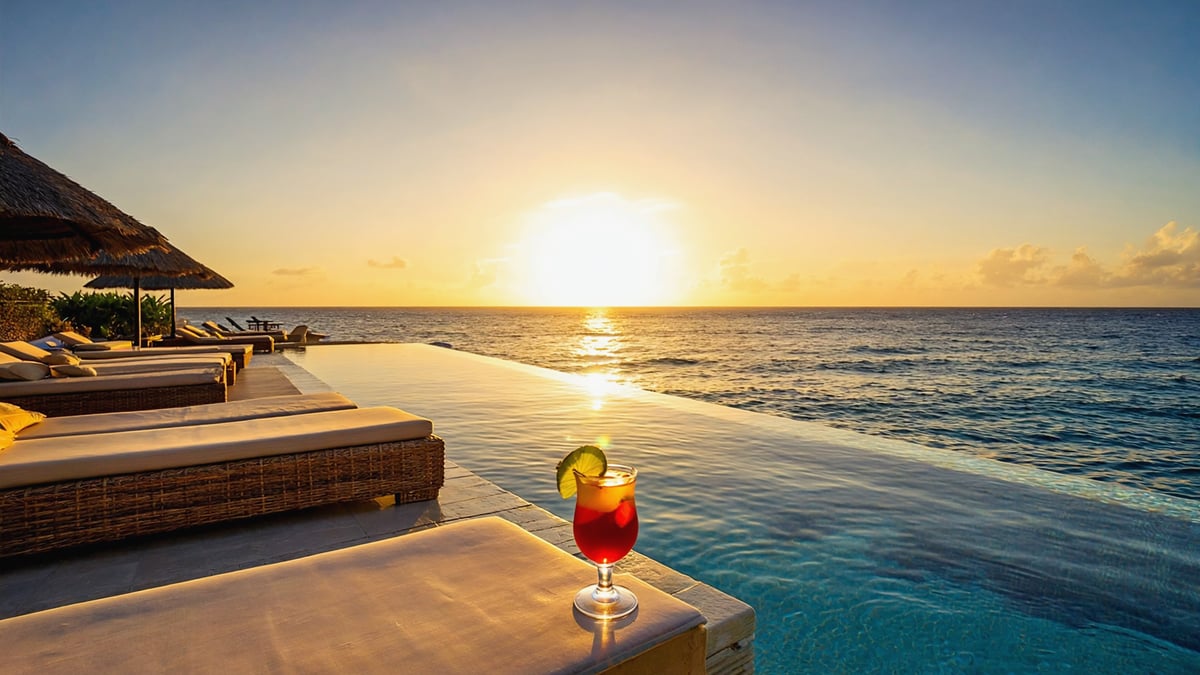 Bali beach club infinity pool sunset