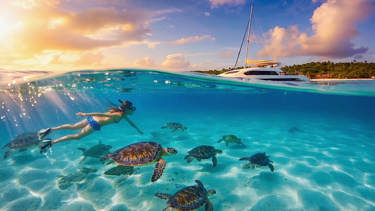 Barbados west coast catamaran with sea turtles