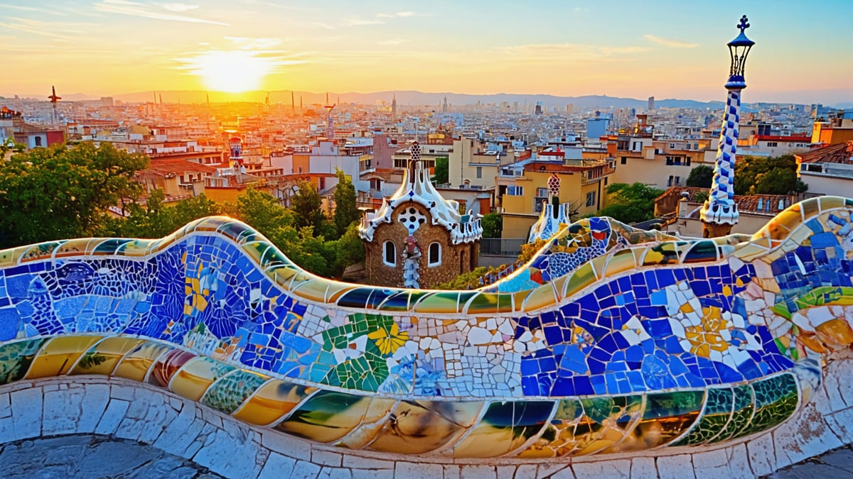 Park Güell mosaic terrace and Barcelona view