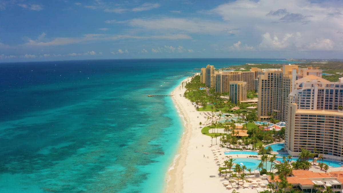 Cancun hotel zone turquoise beach aerial
