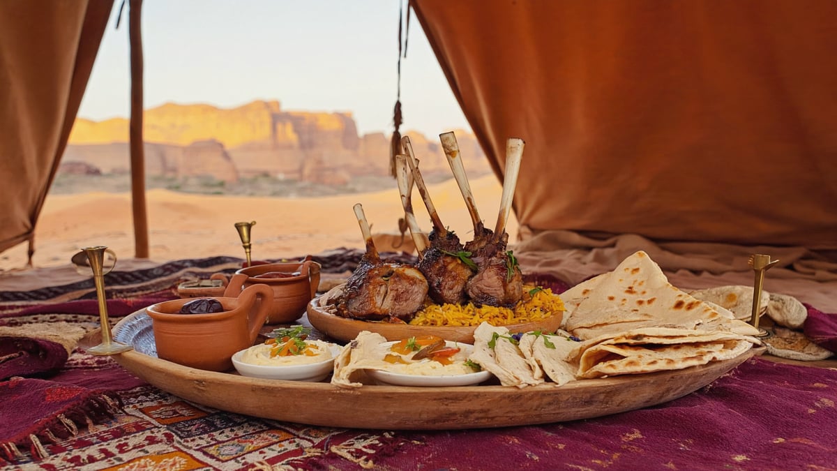 Bedouin mezze feast with mansaf and flatbread