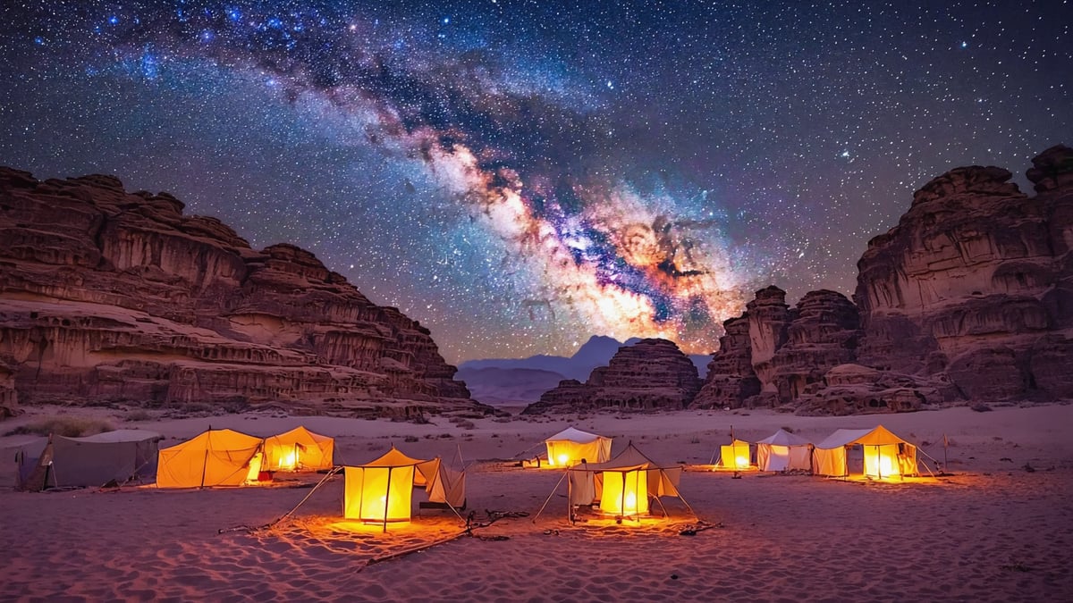 Wadi Rum night camp with lanterns under Milky Way sky