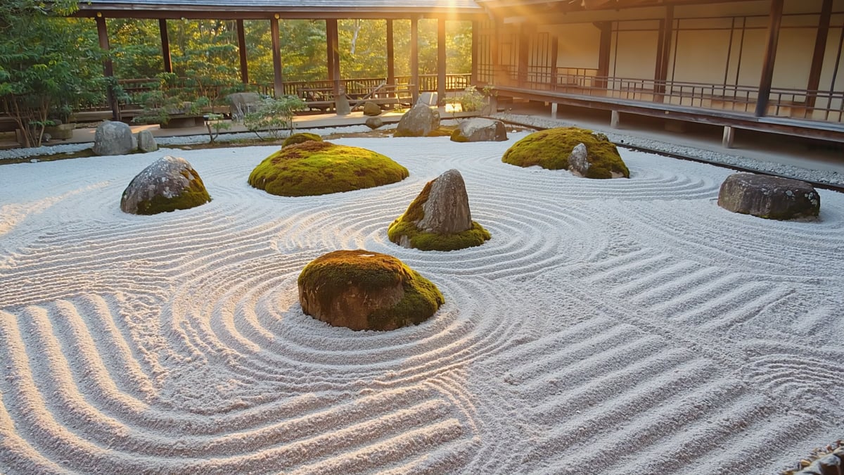 Kyoto zen garden raked gravel and moss stones