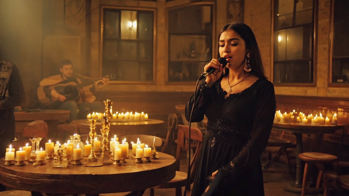 Fado singer in Lisbon tavern warm lighting