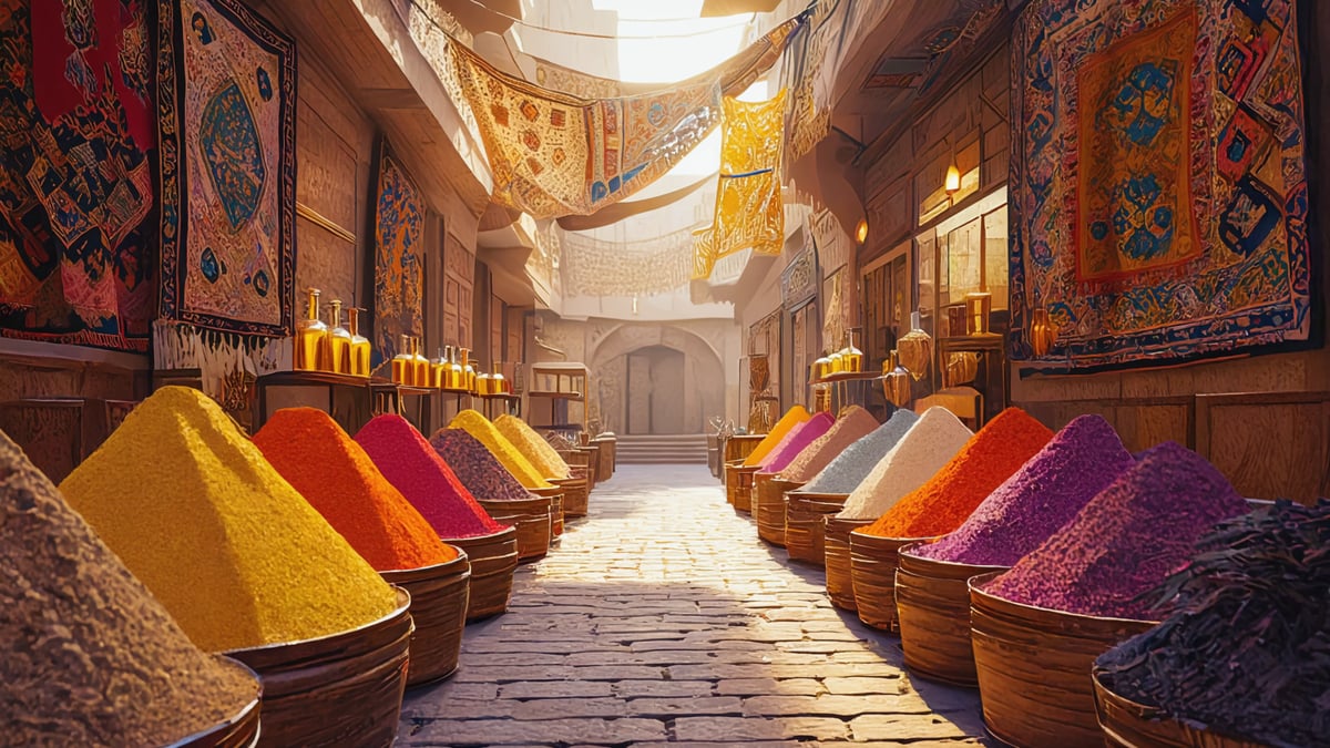 Marrakech souk spice stalls colourful pyramids