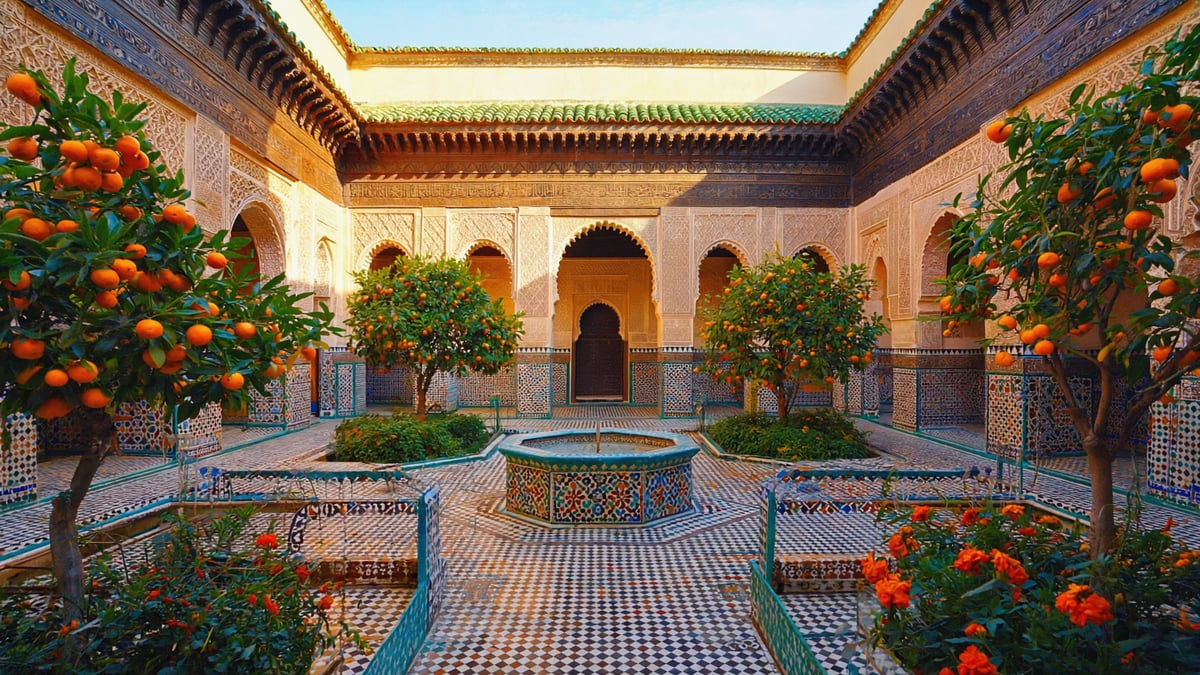 Traditional Marrakech riad courtyard with fountain