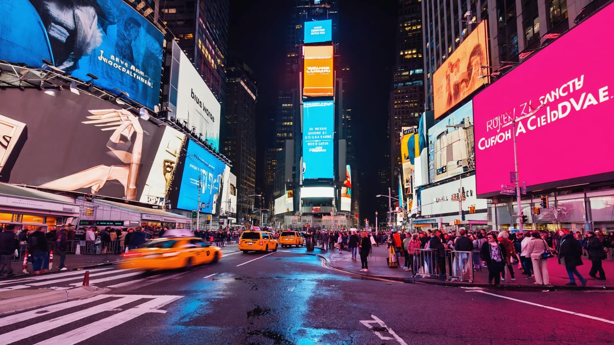 Times Square neon signs and yellow taxis
