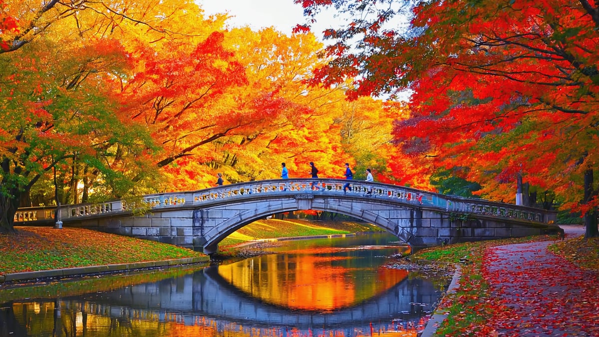 Central Park autumn trees and Bow Bridge