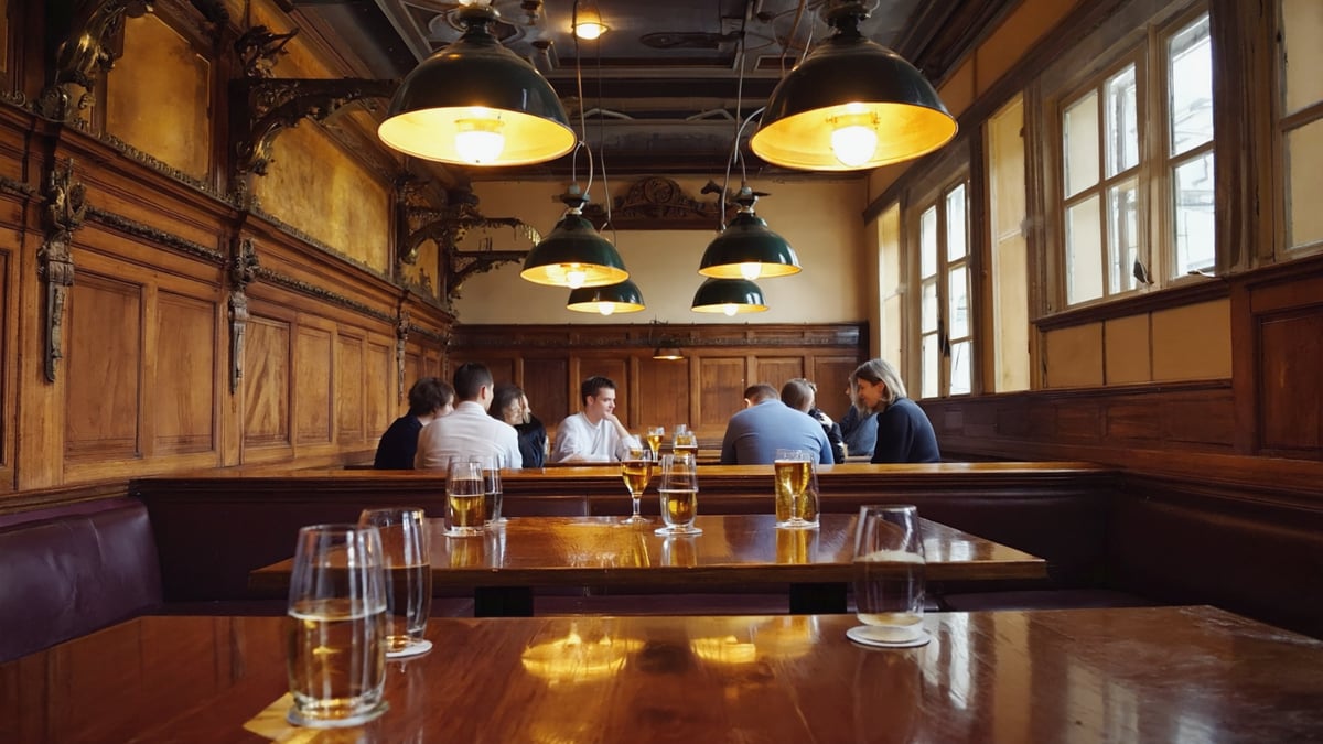 Traditional Czech beer hall with pilsner glasses