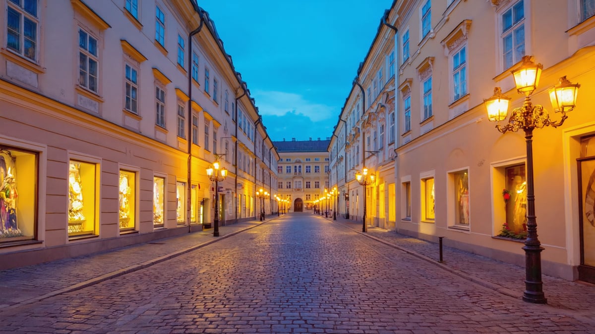 Historic Prague cobbled street with baroque facades