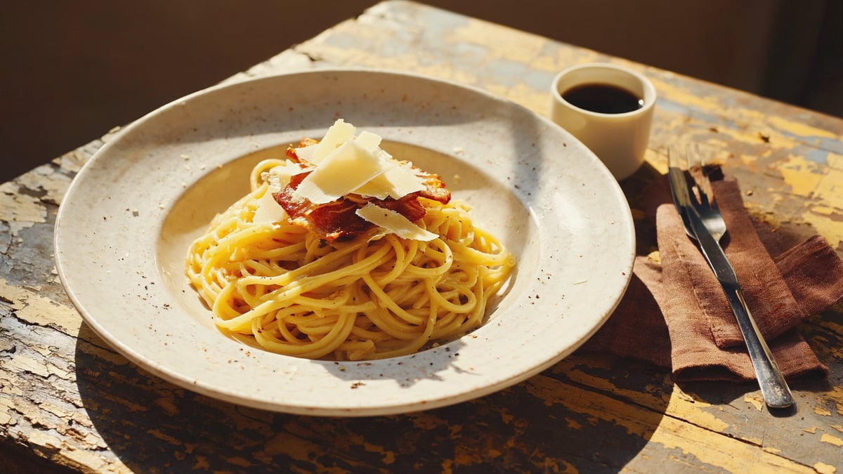 Italian pasta carbonara and espresso