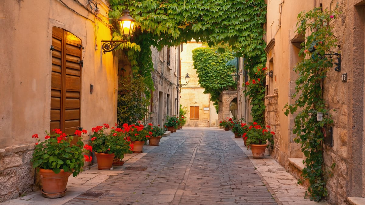 Trastevere cobbled street with ivy walls