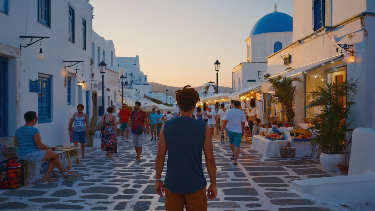 Santorini Holiday street life at dusk