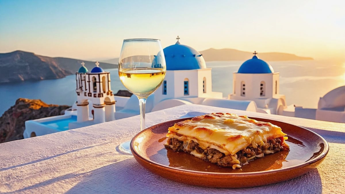 Greek moussaka and santorini wine
