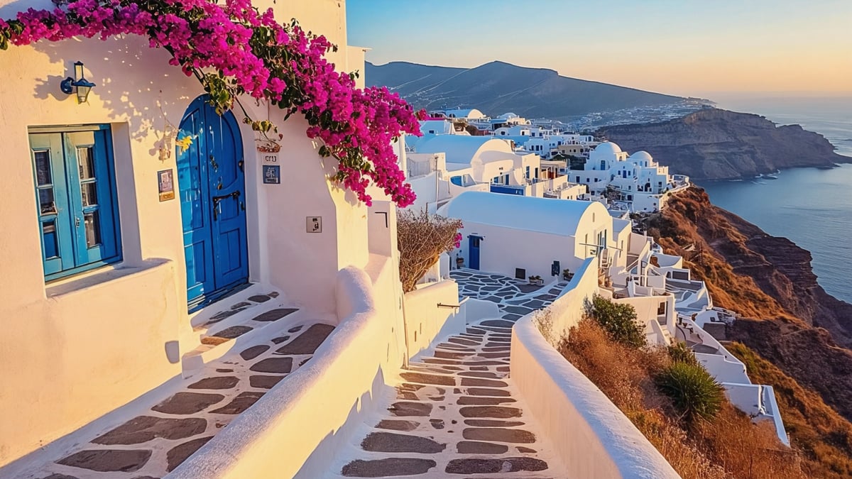 Santorini donkey trail whitewashed steps