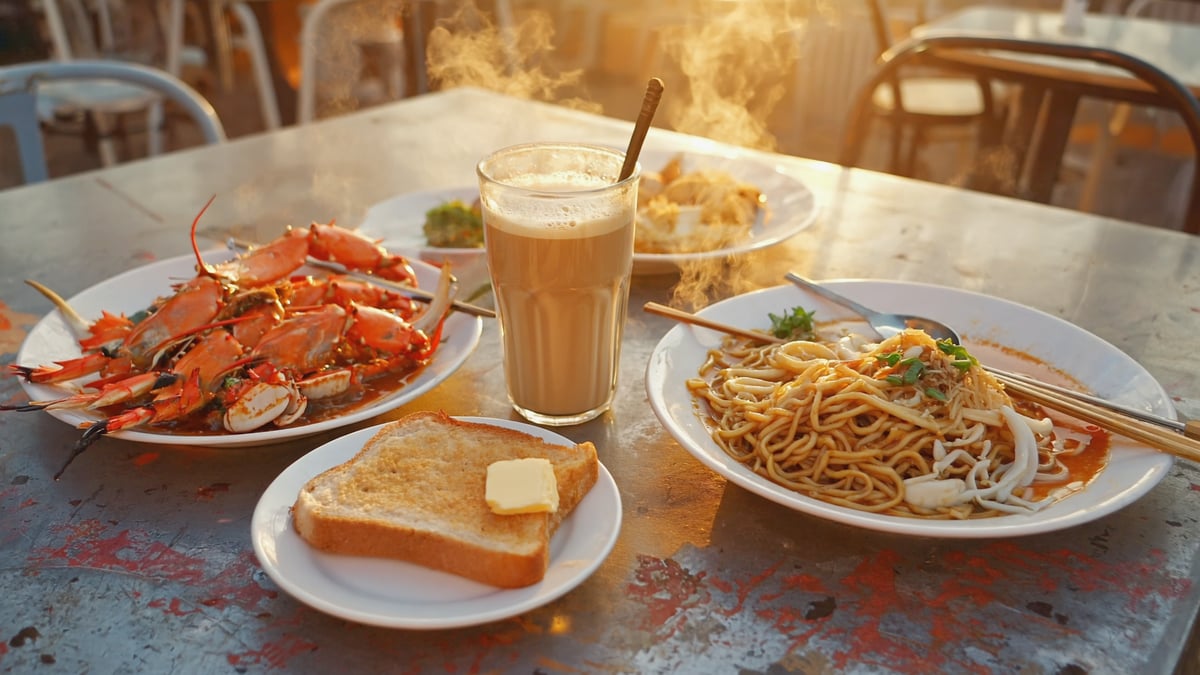 Singapore hawker centre chilli crab and noodles