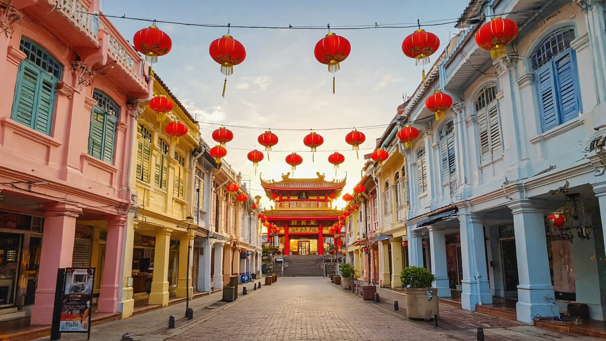 Chinatown colourful shophouses and lanterns