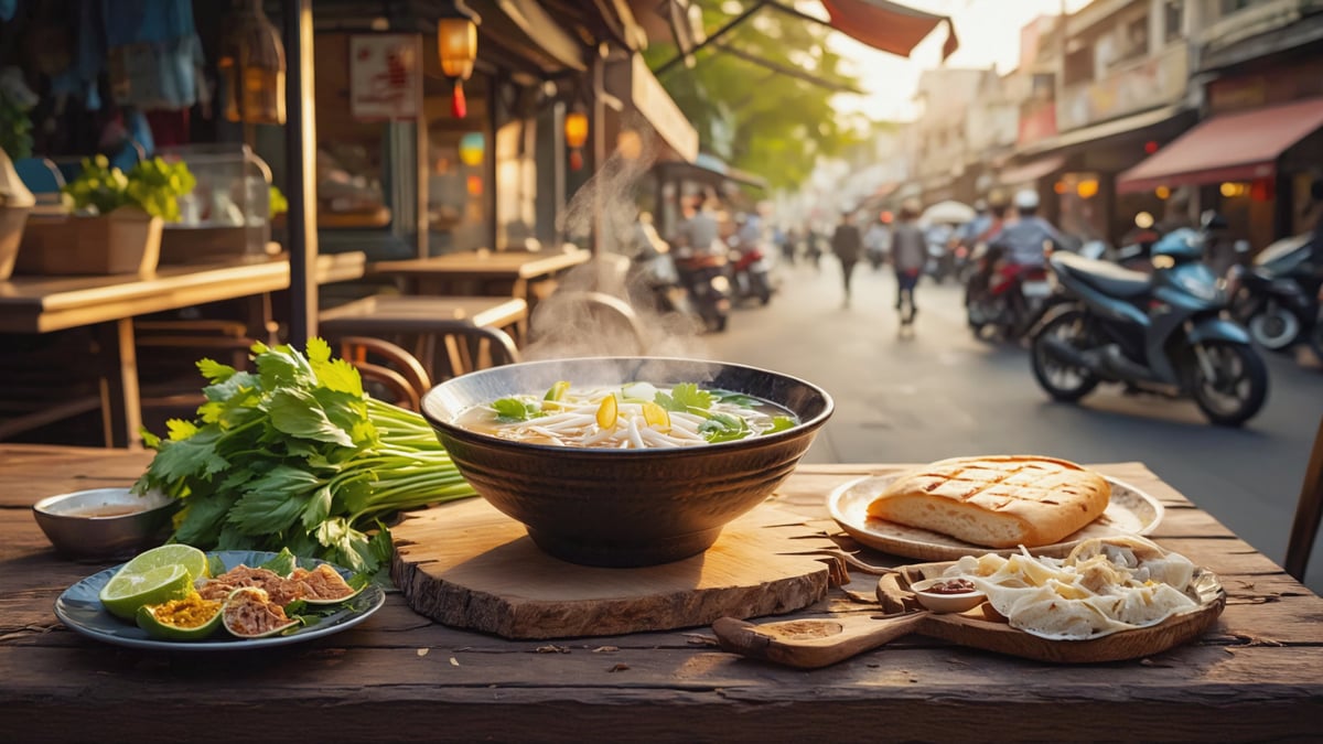 Saigon street food pho bowl and bánh mì