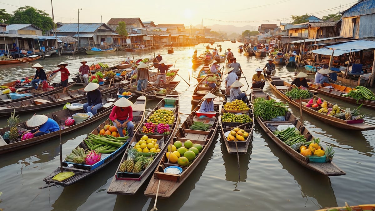 Mekong Delta floating market wooden boats
