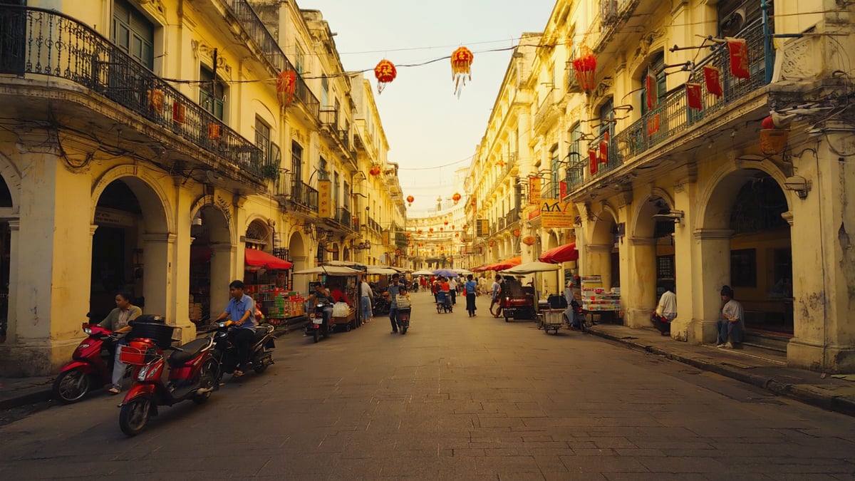 Hanoi Old Quarter motorbikes and french colonial buildings
